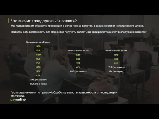 Что значит «поддержка 25+ валют»? Мы поддерживаем обработку транзакций в более