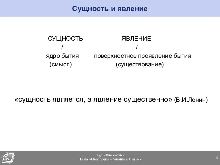 Сущность и явление СУЩНОСТЬ ЯВЛЕНИЕ / / ядро бытия поверхностное проявление