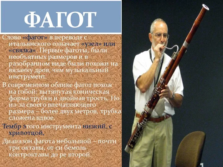 Слово «фагот» в переводе с итальянского означает «узел» или «связка». Первые