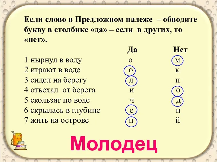 Если слово в Предложном падеже – обводите букву в столбике «да»