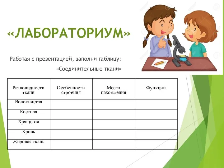 «ЛАБОРАТОРИУМ» Работая с презентацией, заполни таблицу: «Соединительные ткани»