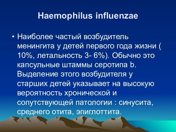 Haemophilus influenzae Наиболее частый возбудитель менингита у детей первого года жизни