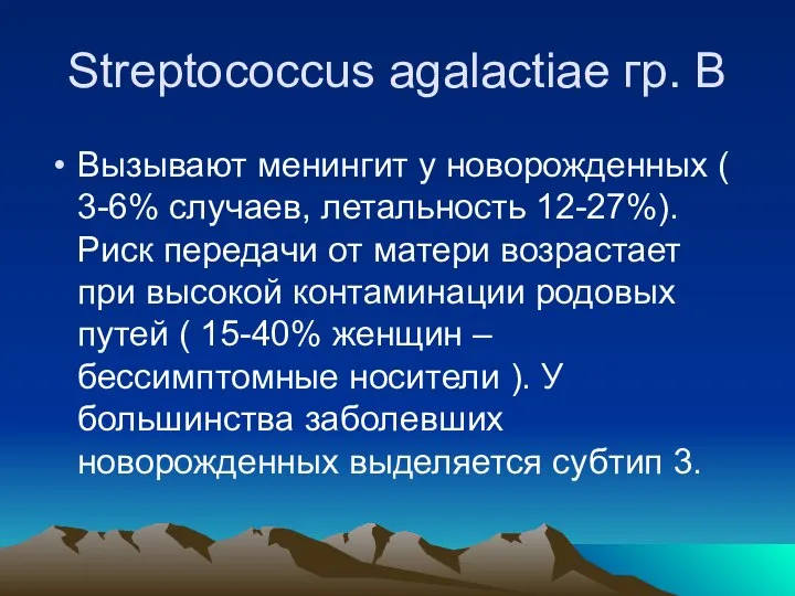 Streptococcus agalactiae гр. B Вызывают менингит у новорожденных ( 3-6% случаев,