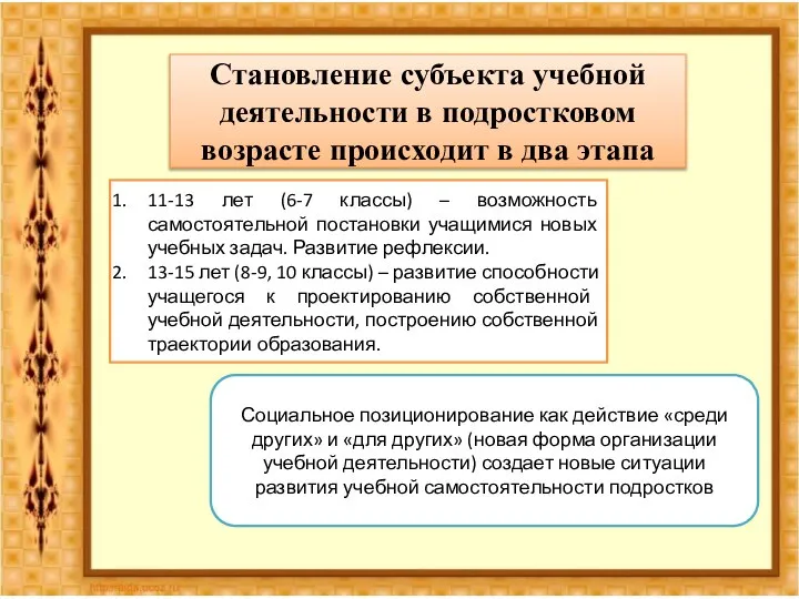 Становление субъекта учебной деятельности в подростковом возрасте происходит в два этапа