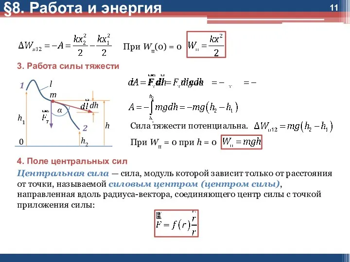 При Wп(0) = 0 3. Работа силы тяжести Сила тяжести потенциальна.