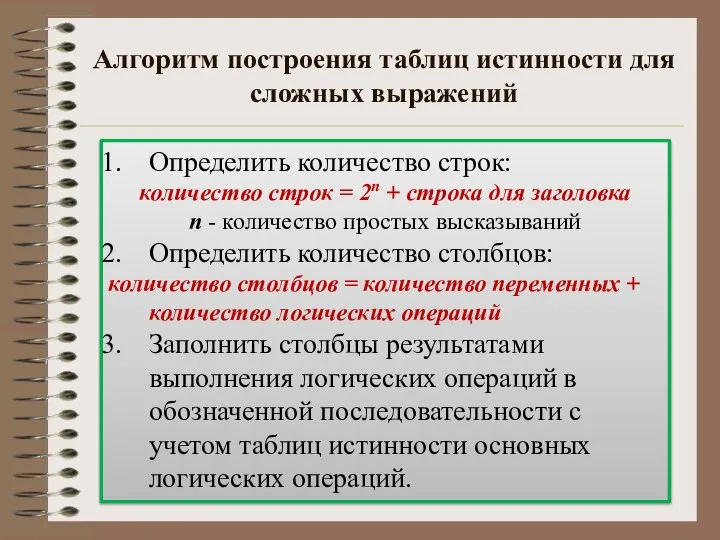 Алгоритм построения таблиц истинности для сложных выражений Определить количество строк: количество