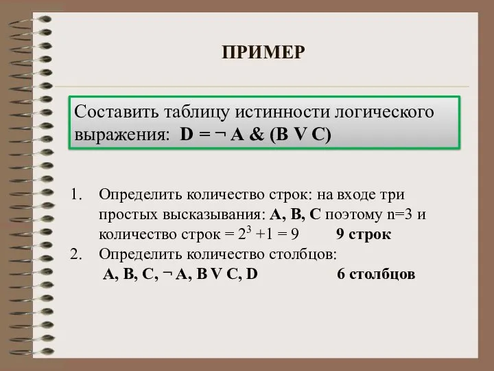 ПРИМЕР Составить таблицу истинности логического выражения: D = ¬ А &