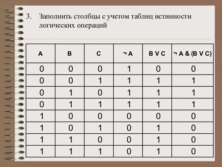 Заполнить столбцы с учетом таблиц истинности логических операций