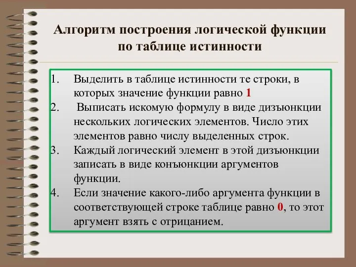 Алгоритм построения логической функции по таблице истинности Выделить в таблице истинности