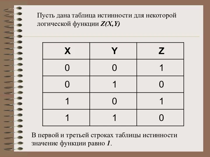 Пусть дана таблица истинности для некоторой логической функции Z(X,Y) В первой
