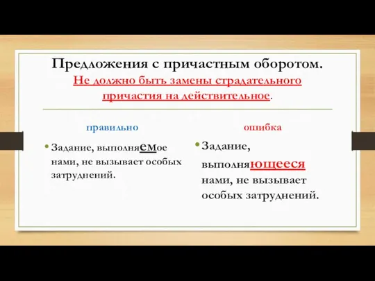 Предложения с причастным оборотом. Не должно быть замены страдательного причастия на