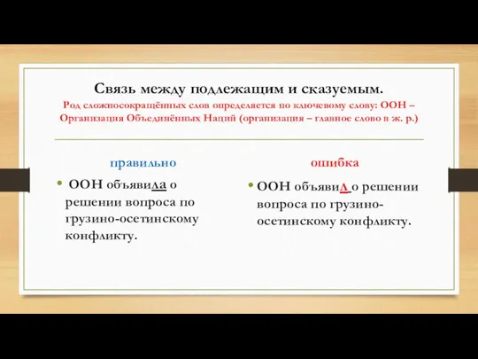 Связь между подлежащим и сказуемым. Род сложносокращённых слов определяется по ключевому