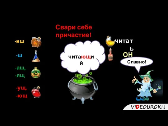 -вш Свари себе причастие! -ш -ащ, -ящ -ущ, -ющ чита ть ОНИ читают читающий Славно!