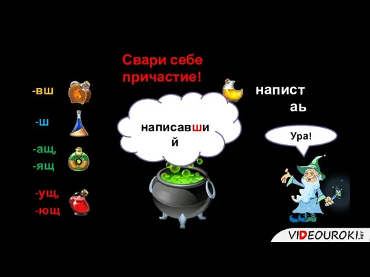 -вш Свари себе причастие! -ш -ащ, -ящ -ущ, -ющ написа ть написавший Ура!