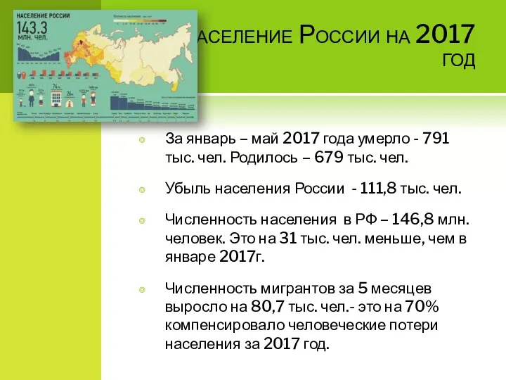 Население России на 2017 год За январь – май 2017 года