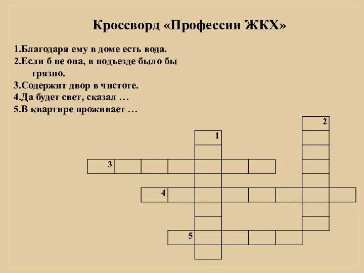 Кроссворд «Профессии ЖКХ» 1.Благодаря ему в доме есть вода. 2.Если б