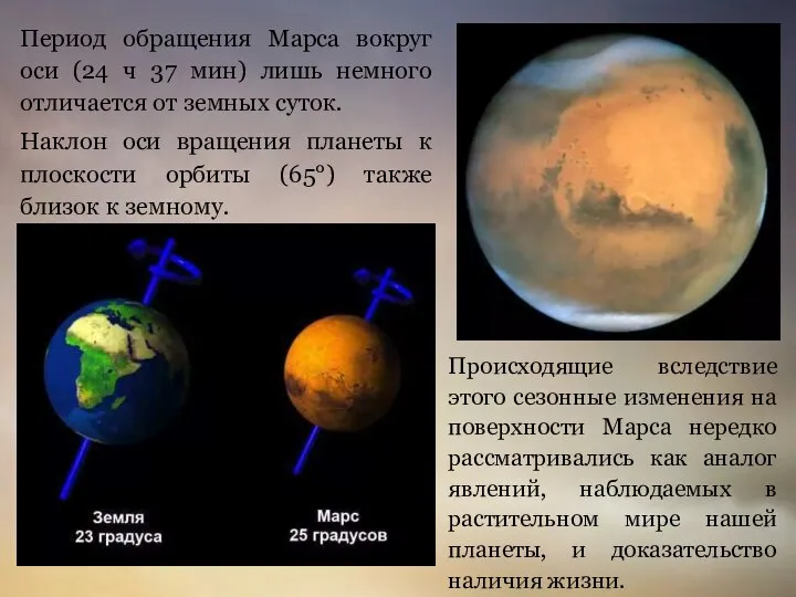 Период обращения Марса вокруг оси (24 ч 37 мин) лишь немного