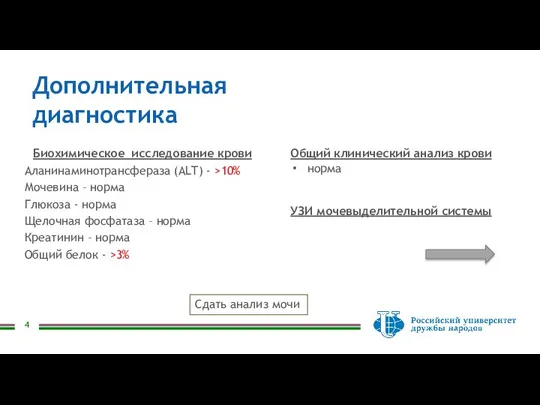 Дополнительная диагностика Биохимическое исследование крови Аланинаминотрансфераза (ALT) - >10% Мочевина –