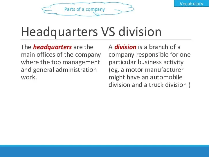 Headquarters VS division The headquarters are the main offices of the