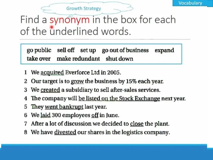 Find a synonym in the box for each of the underlined words. Vocabulary Growth Strategy