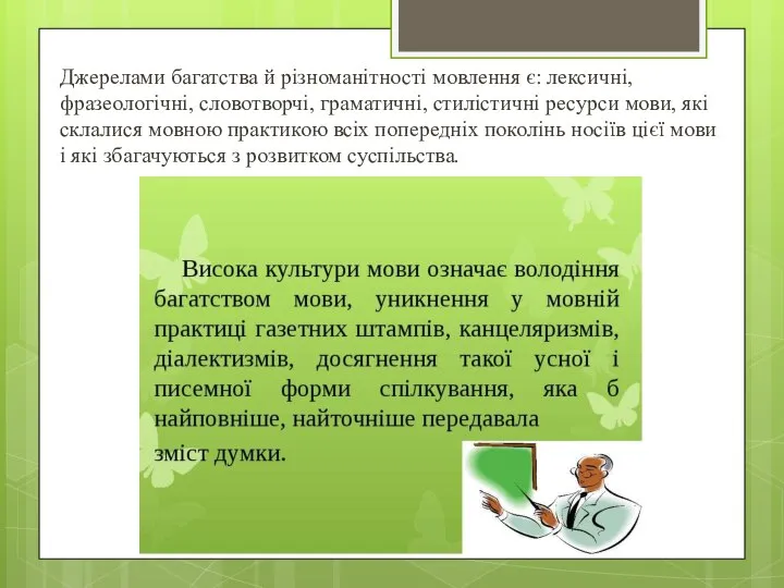 Джерелами багатства й різноманітності мовлення є: лексичні, фразеологічні, словотворчі, граматичні, стилістичні