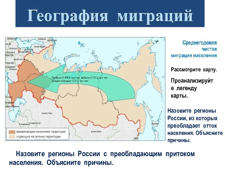 Рассмотрите карту. Проанализируйте легенду карты. Назовите регионы России, из которых преобладает