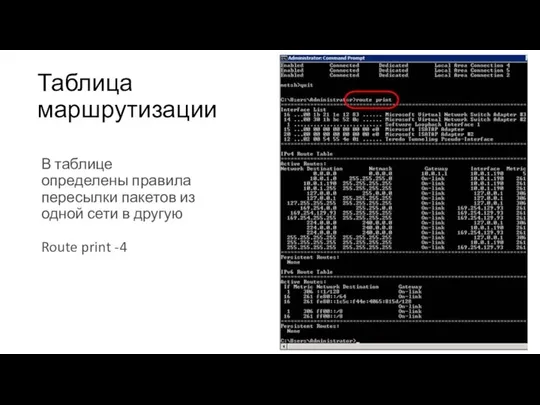 Таблица маршрутизации В таблице определены правила пересылки пакетов из одной сети в другую Route print -4