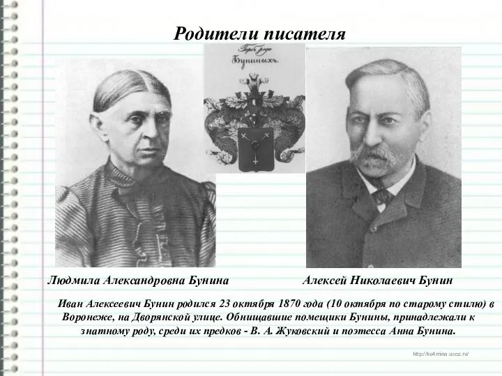 Родители писателя Иван Алексеевич Бунин родился 23 октября 1870 года (10