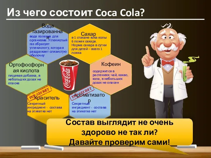 Из чего состоит Coca Cola? Вода газированная Сахар Кофеин Aроматизатор Краситель