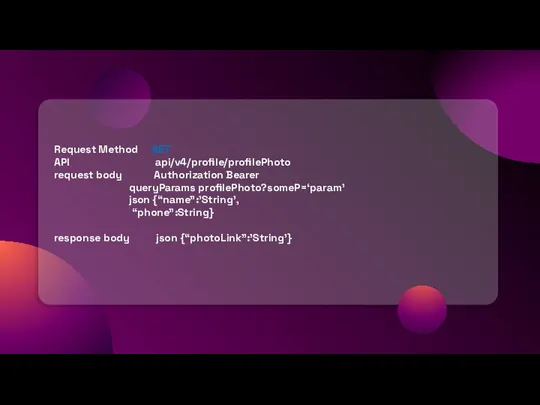 Request Method GET API api/v4/profile/profilePhoto request body Authorization Bearer queryParams profilePhoto?someP=‘param’