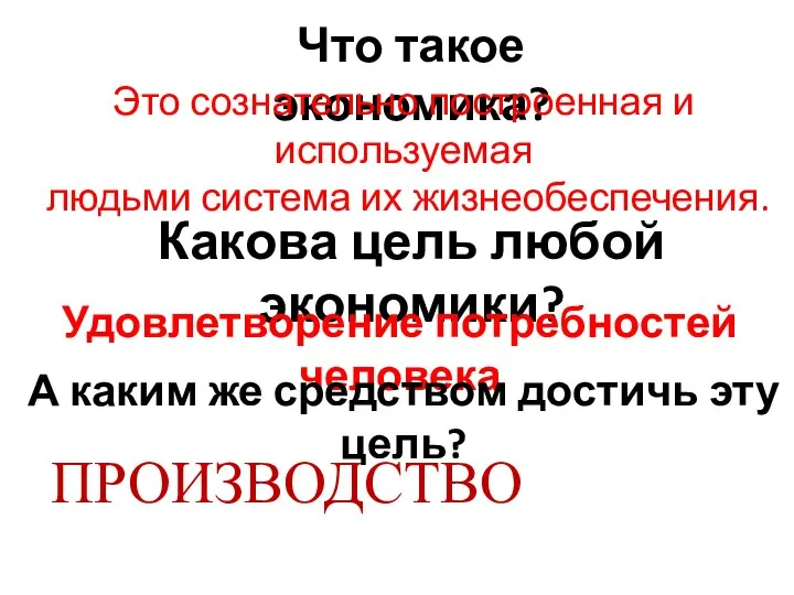 ПРОИЗВОДСТВО Что такое экономика? Какова цель любой экономики? Это сознательно построенная