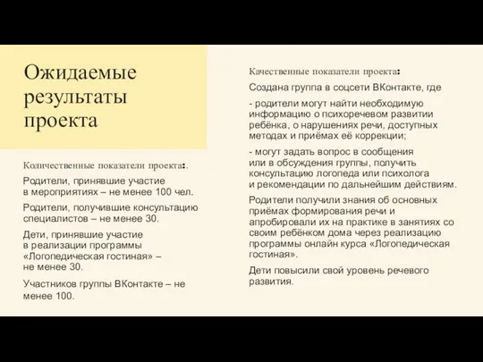 Ожидаемые результаты проекта Количественные показатели проекта:. Родители, принявшие участие в мероприятиях