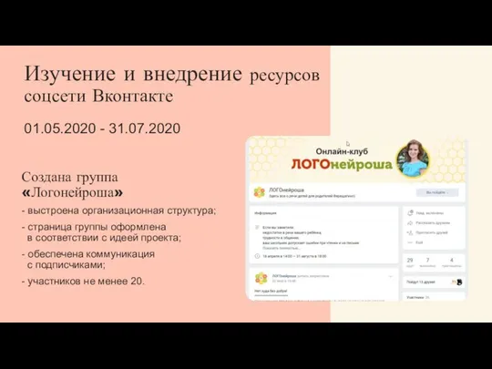 Изучение и внедрение ресурсов соцсети Вконтакте 01.05.2020 - 31.07.2020 Создана группа