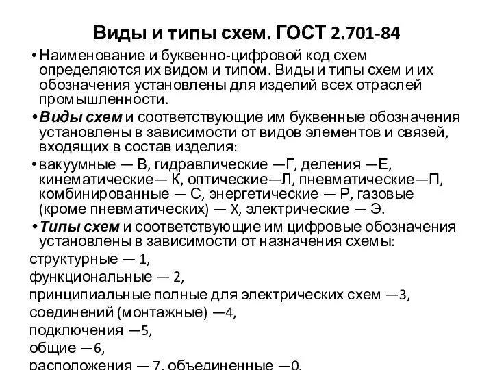 Виды и типы схем. ГОСТ 2.701-84 Наименование и буквенно-цифровой код схем