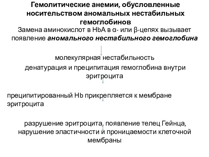 Гемолитические анемии, обусловленные носительством аномальных нестабильных гемоглобинов Замена аминокислот в НbА