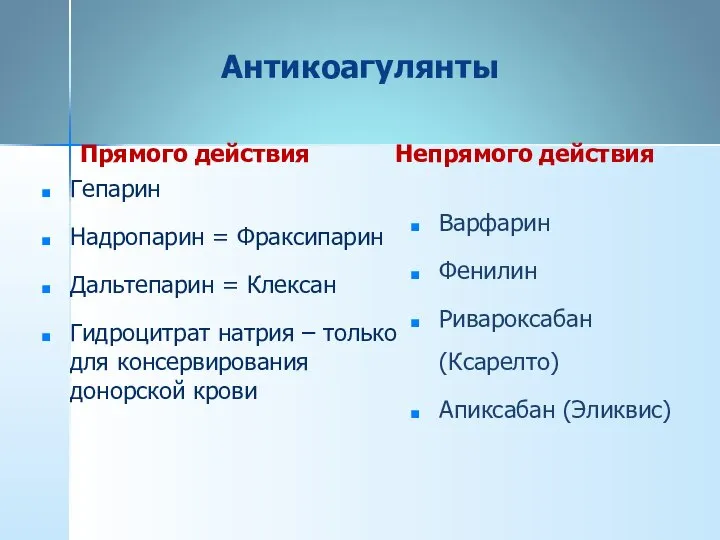 Антикоагулянты Прямого действия Гепарин Надропарин = Фраксипарин Дальтепарин = Клексан Гидроцитрат