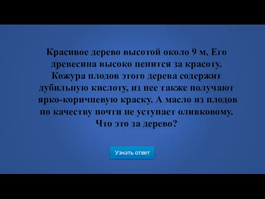 Узнать ответ Красивое дерево высотой около 9 м. Его древесина высоко