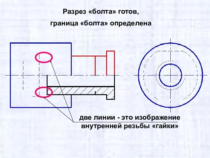 Разрез «болта» готов, граница «болта» определена две линии - это изображение внутренней резьбы «гайки»