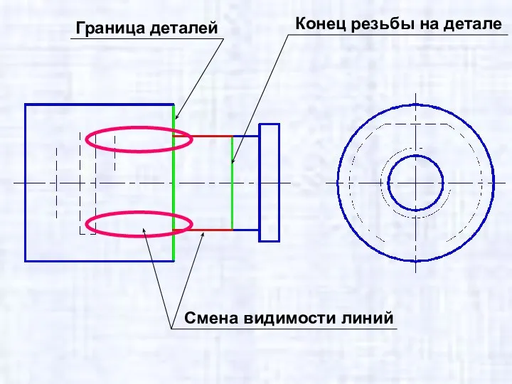 Конец резьбы на детале Граница деталей Смена видимости линий