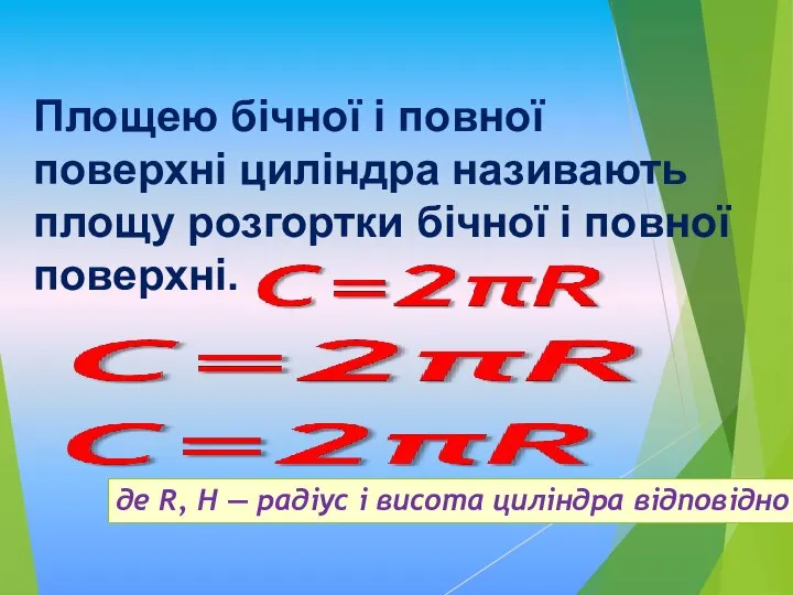 Площею бічної і повної поверхні циліндра називають площу розгортки бічної і