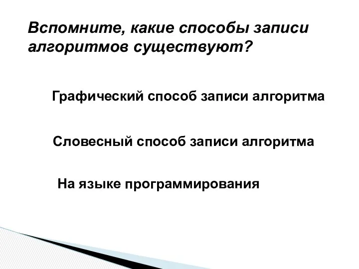 Вспомните, какие способы записи алгоритмов существуют? Словесный способ записи алгоритма Графический