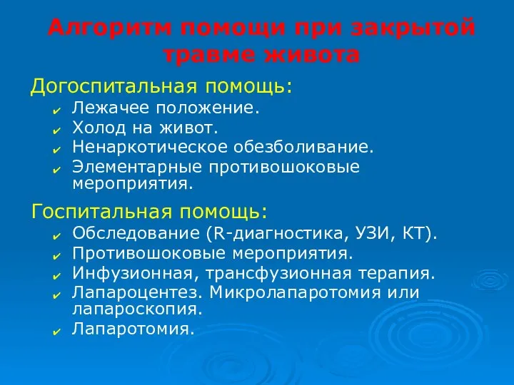 Алгоритм помощи при закрытой травме живота Догоспитальная помощь: Лежачее положение. Холод