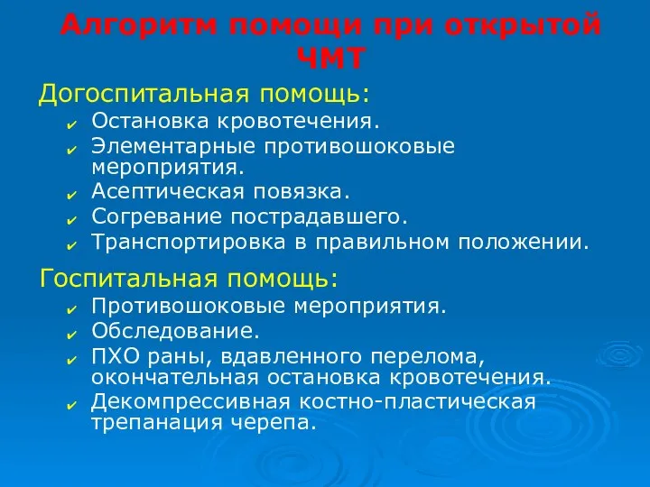 Алгоритм помощи при открытой ЧМТ Догоспитальная помощь: Остановка кровотечения. Элементарные противошоковые