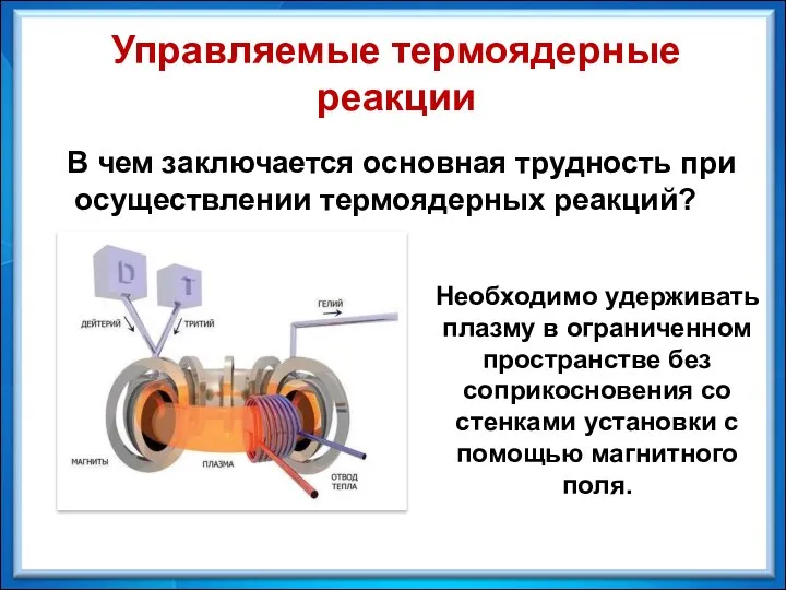 Управляемые термоядерные реакции В чем заключается основная трудность при осуществлении термоядерных