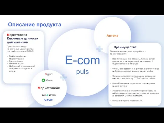 ЛК Аптеки Бронирование Описание продукта E-com puls Аптека Маркетплейс Ключевые ценности