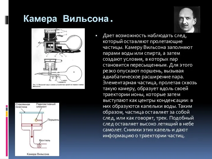 Камера Вильсона. Дает возможность наблюдать след, который оставляют пролетающие частицы. Камеру