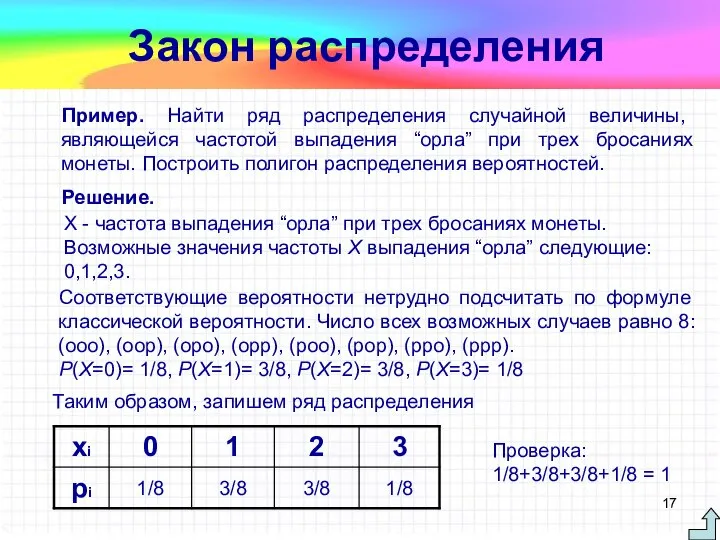 Пример. Найти ряд распределения случайной величины, являющейся частотой выпадения “орла” при