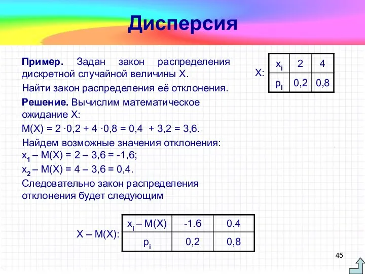 Пример. Задан закон распределения дискретной случайной величины X. Найти закон распределения