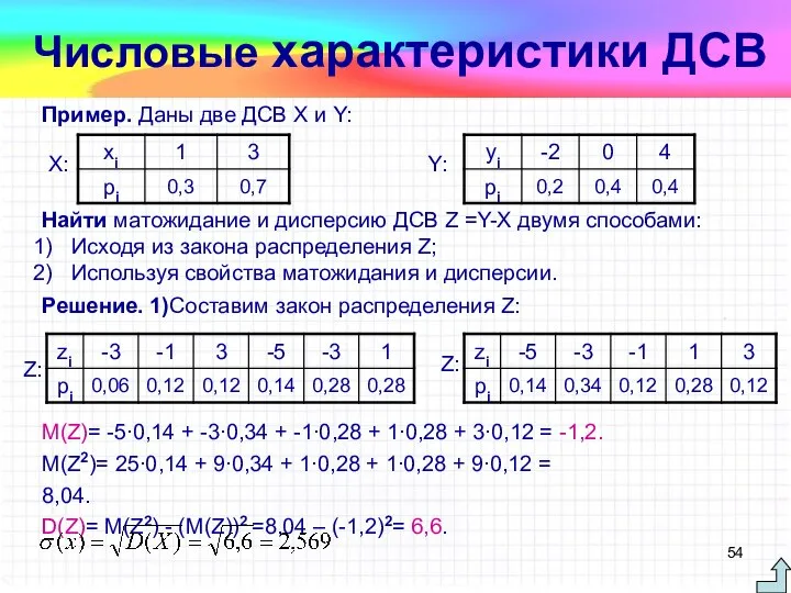 Пример. Даны две ДСВ X и Y: X: Y: Найти матожидание