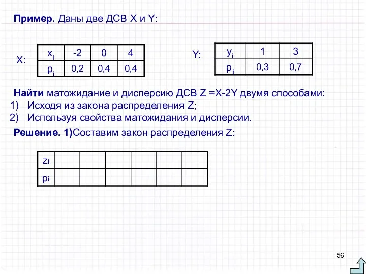 Пример. Даны две ДСВ X и Y: X: Y: Найти матожидание